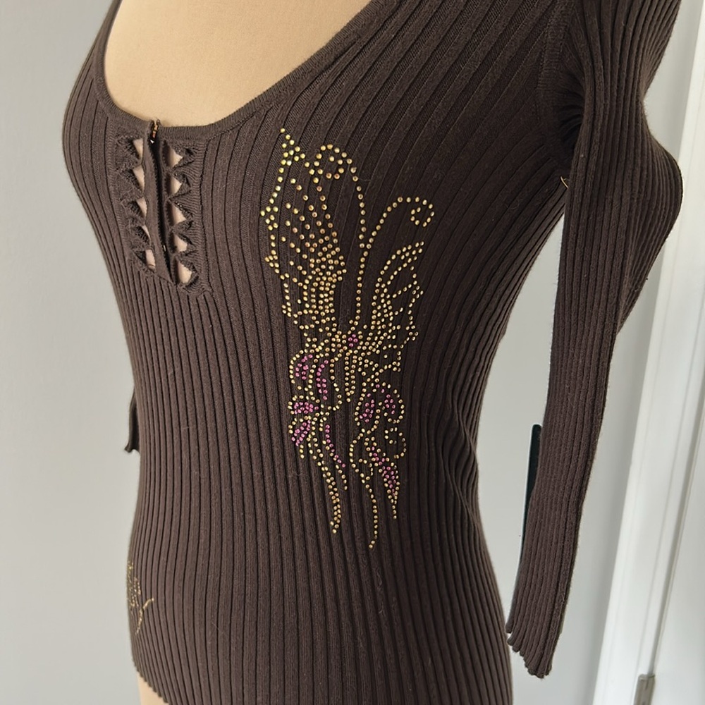 Ed Hardy Brown Ribbed Rhinestone Cold Shoulder Sweater - Picture 3 of 12